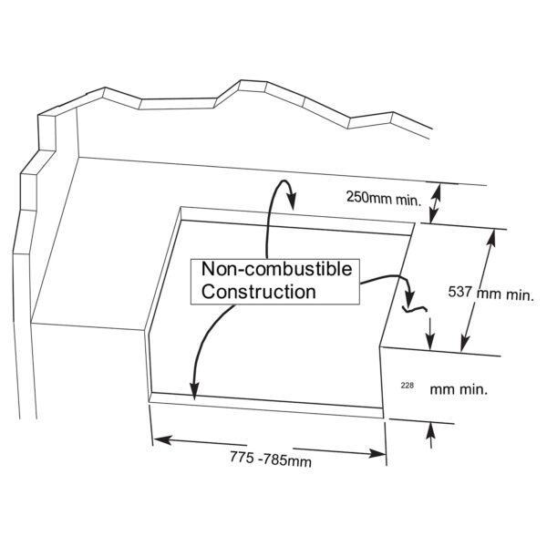 Diagrama técnico que muestra las dimensiones mínimas requeridas para instalar la barbacoa Pro Elite, enfatizando la construcción no combustible.