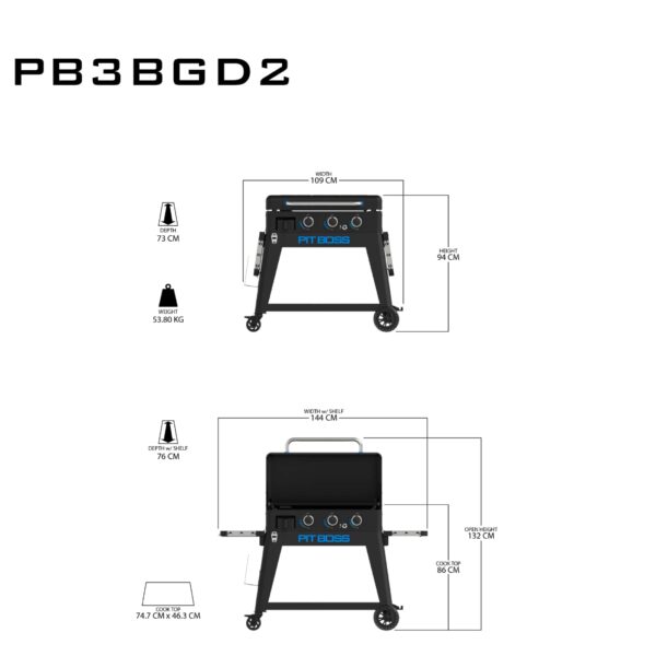 Diagrama con dimensiones y especificaciones de la plancha de gas Pit Boss 3 Fuegos.