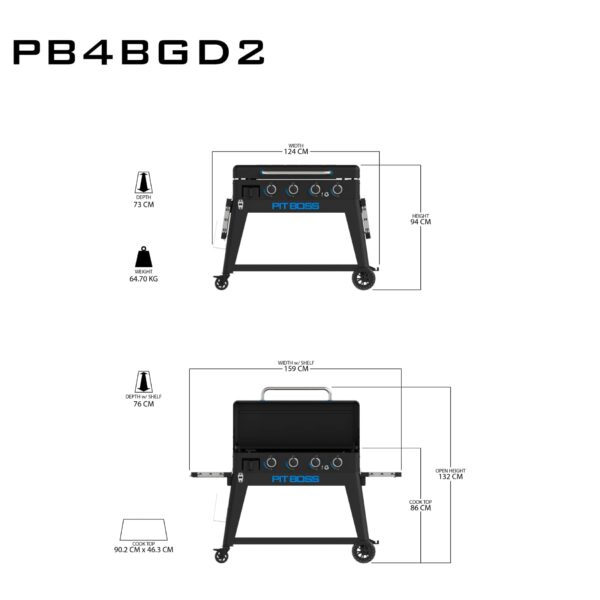 Plancha de 4 fuegos Pit Boss con área de cocción extensa y diseño móvil.