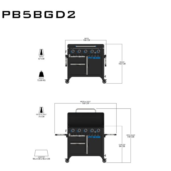 Dimensiones internacionales de la plancha de cocina Pit Boss, con medidas destacadas.