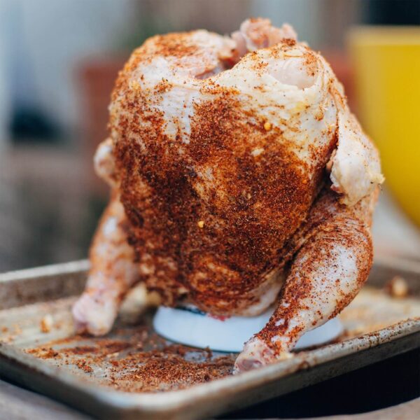 Pollo crudo sazonado colocado sobre el soporte Kamado Joe, listo para ser cocinado en la parrilla.