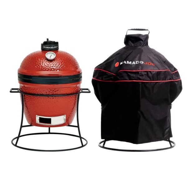 Parrilla Kamado Joe Joe Jr. sin funda y con funda Joe Jr. al lado.