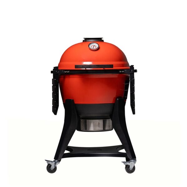 Kamado Kettle Joe con las repisas laterales plegadas, vista frontal.