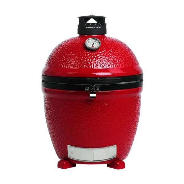 Parrilla de cerámica Kamado Classic Joe II Stand-Alone en color rojo con ducto superior Kontrol Tower y termómetro incorporado.