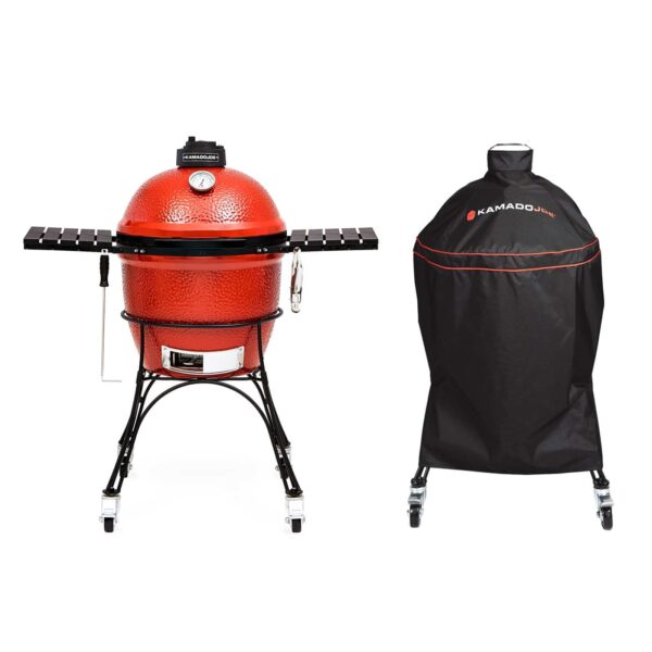 Parrilla Kamado Joe roja y funda protectora negra