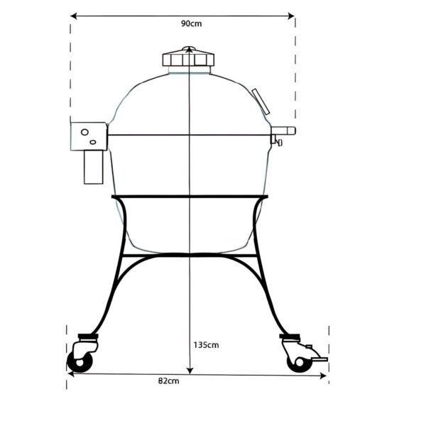 Diagrama técnico de la vista lateral del Kamado Big Joe II con dimensiones detalladas.