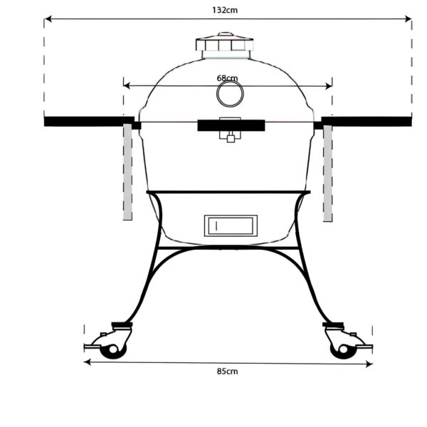 Diagrama técnico de la vista frontal del Kamado Big Joe II con dimensiones detalladas.