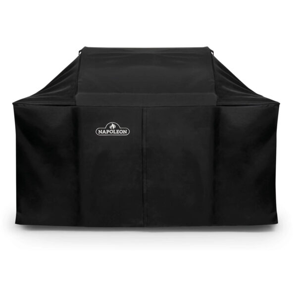 Funda negra para barbacoa de carbón Napoleon PRO 605 colocada sobre una parrilla.