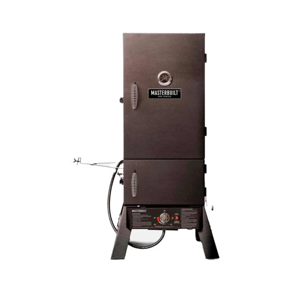 Ahumador Dual Fuel Smoker 30 de Masterbuilt con quemador de gas y bandeja de carbón. El aparato está completamente cerrado y muestra sus dos puertas.