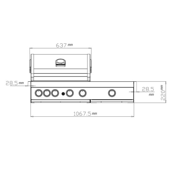 Diagrama frontal de la barbacoa Premium G3 Built in Plus con medidas específicas en milímetros.