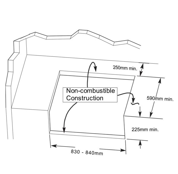 Diagrama técnico con las dimensiones de encastre requeridas para la instalación de la barbacoa de gas Maxim G5, mostrando los espacios mínimos para una construcción no combustible.