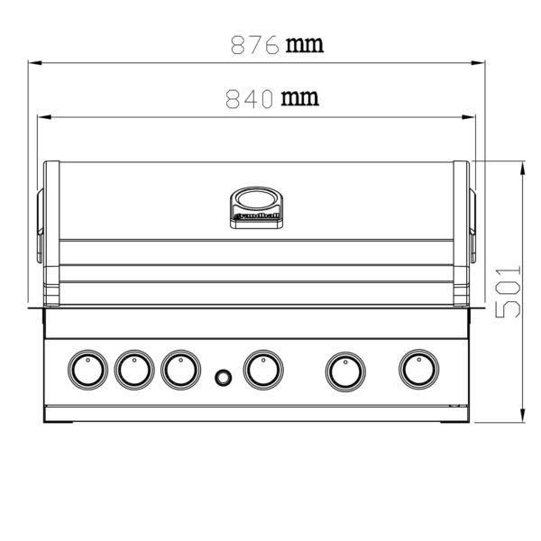 Dibujo técnico en vista frontal de la barbacoa de gas Maxim G5, detallando sus dimensiones de 876 mm de ancho por 501 mm de alto.