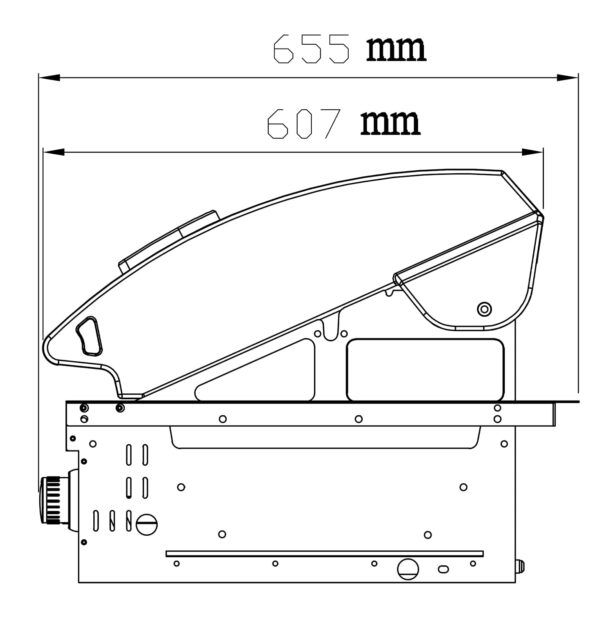 Esquema lateral de la barbacoa de gas Maxim G5, mostrando la altura de 607 mm y la profundidad de 655 mm.