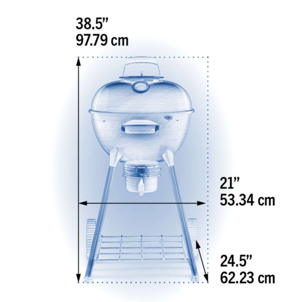 Esquema técnico de una barbacoa Kettle Napoleon con dimensiones detalladas en pulgadas y centímetros.