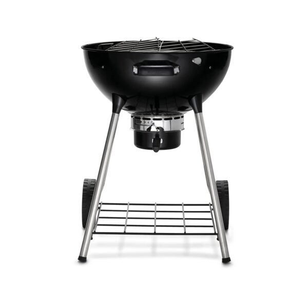 Barbacoa Kettle Ø 57cm 2024 sin tapa, con parrilla de cocción ajustable para fácil acceso al carbón, vista frontal.