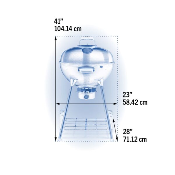 Diagrama técnico de la barbacoa de carbón Kettle Ø 57cm 2024 que muestra las dimensiones en pulgadas y centímetros, con una vista frontal de la barbacoa.