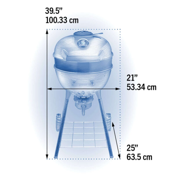 Diagrama técnico del Pro Kettle 47 cm 2024 de Napoleon con dimensiones en pulgadas y centímetros.