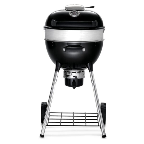 Barbacoa de carbón Pro Kettle 47 cm 2024 de Napoleon en color negro, mostrando la tapa con termómetro, ventilación optimizada y patas de soporte robustas.