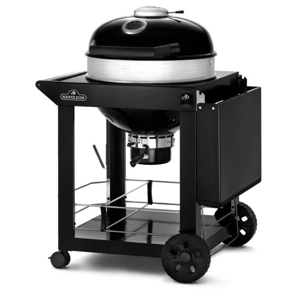 Barbacoa Napoleon PRO-CART Ø 57 cm modelo 2024 con estante lateral recogido y diseño compacto para espacios eficientes.