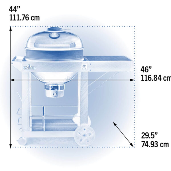 Diagrama con medidas de la barbacoa de carbón Napoleon PRO-CART Ø 57 cm, mostrando altura, anchura y profundidad en pulgadas y centímetros.