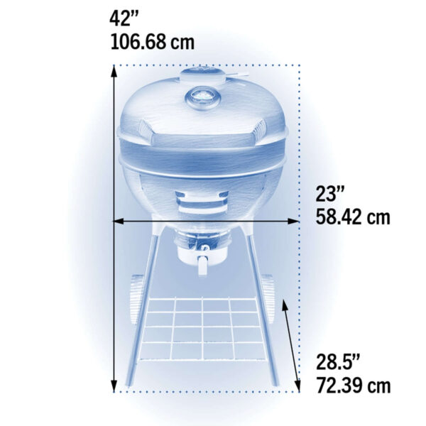 Diagrama técnico de la barbacoa Pro Kettle Ø 57cm 2024, mostrando dimensiones en pulgadas y centímetros