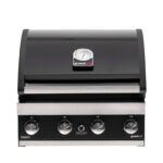 Barbacoa de gas encastrada Premium G4 con acabado en negro, cuatro controles de quemador en la parte frontal y termómetro integrado en la tapa.