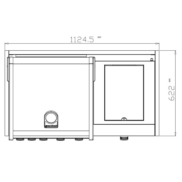 Diagrama técnico en vista superior de la barbacoa Premium G4 Plus, mostrando las dimensiones completas del equipo.