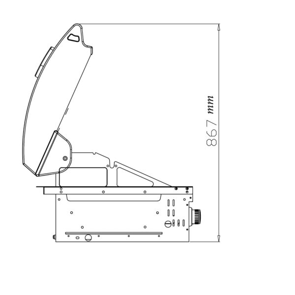 Vista lateral de la barbacoa de gas Premium G4 con la tapa abierta, mostrando la altura de 867 mm desde la base hasta la parte superior de la tapa abierta.
