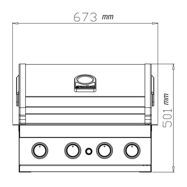 Diagrama técnico de la barbacoa de gas Premium G4 mostrando sus dimensiones frontales de 673 mm de ancho y 501 mm de alto.