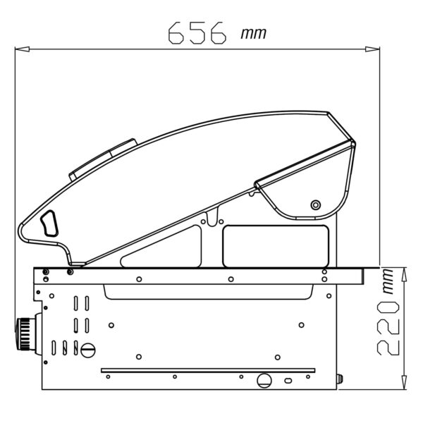 Dibujo técnico lateral de la barbacoa de gas Premium G4 con dimensiones de 656 mm de ancho y 220 mm de altura hasta la superficie de cocción.