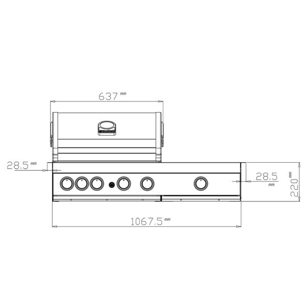 Diagrama de dimensiones frontales de la barbacoa Premium G4 Plus, mostrando la altura, anchura y profundidad.