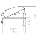 Diagrama lateral de la barbacoa Premium G4 Plus, detallando las dimensiones de altura, anchura y profundidad con la tapa abierta.