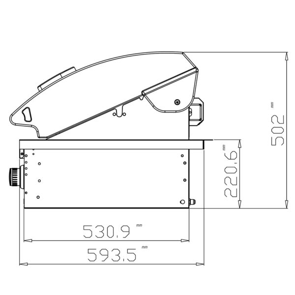 Diagrama lateral de la barbacoa Premium G4 Plus, detallando las dimensiones de altura, anchura y profundidad con la tapa abierta.