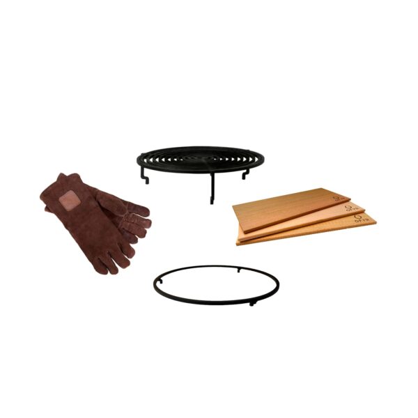 Pack de accesorios para cocina al aire libre de OFYR, incluye parrilla de rejilla, guantes de cuero marrón resistentes al calor, tablas de cedro para ahumar y anillo anticaída.