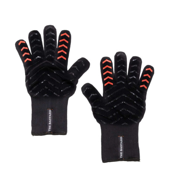 Par de guantes negros de The Bastard con revestimiento de silicona en diseño de flechas rojas y etiqueta de marca, resistentes a altas temperaturas.