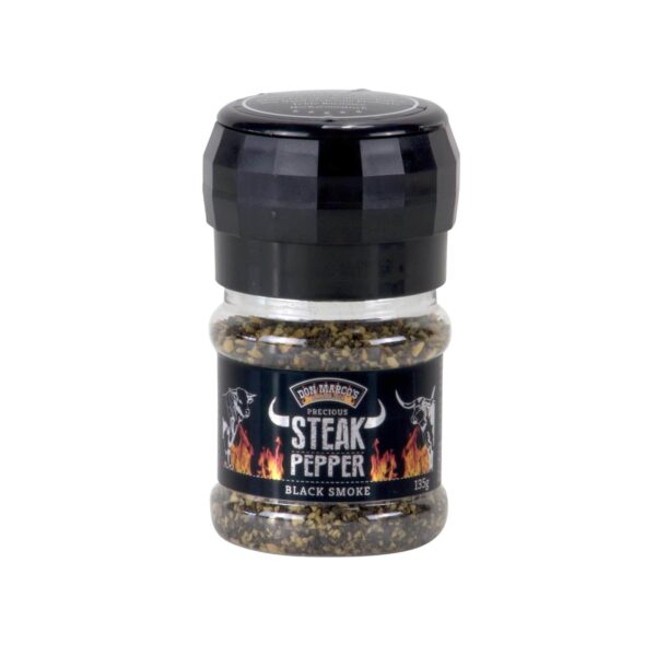 Molinillo de pimienta Black Smoke Pepper de Don Marco's con diseño ergonómico y cuerpo transparente, ideal para realzar el sabor de carnes, pescados y verduras.