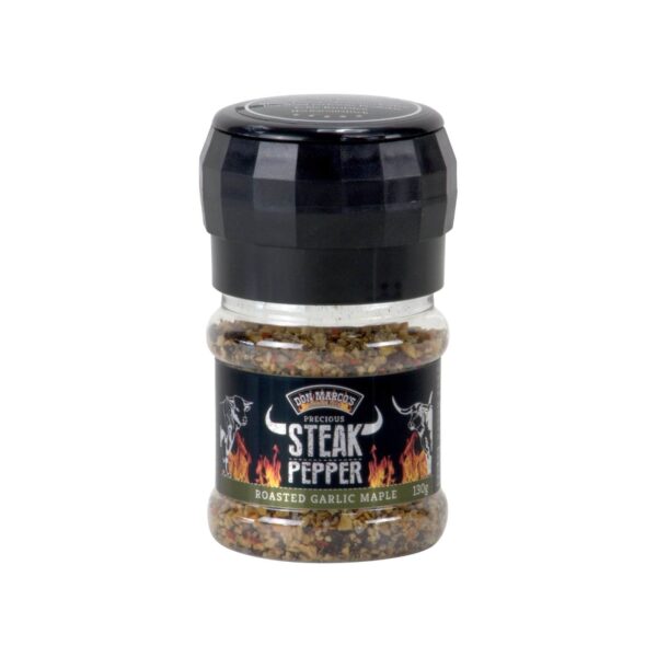 Envase de 130 g de Don Marco's Precious Steak Pepper Roasted Garlic Maple, un sazonador premium con molinillo, diseñado para resaltar sabores dulces, ahumados y picantes en platillos a la parrilla.