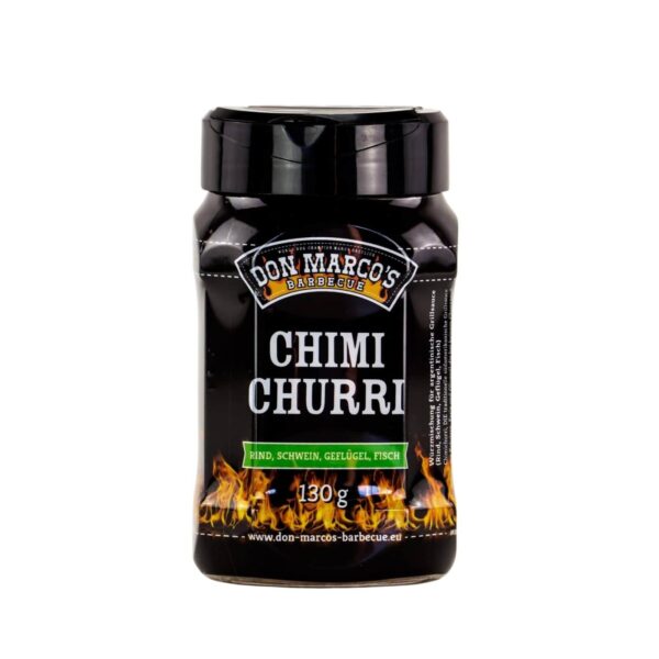 Envase de Chimichurri Don Marco's de 130 g con diseño negro, tapa práctica y decoración de llamas, ideal para carnes, aves, pescado y más.