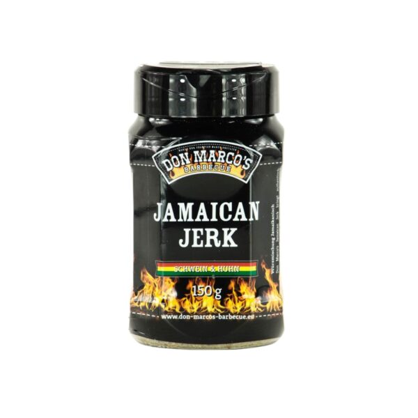 Frasco de mezcla de especias Jamaican Jerk de Don Marco’s, ideal para barbacoas y recetas caribeñas.