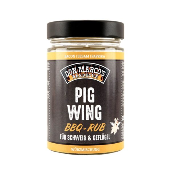 Frasco de Pig Wing BBQ-Rub de Don Marco's Barbecue, un aderezo multipremiado ideal para cerdo y aves, con aroma a tocino y especias.