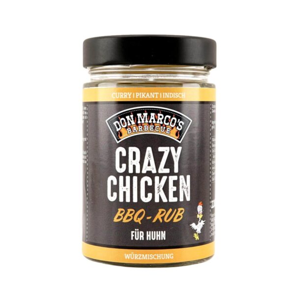 Tarro de Crazy Chicken BBQ-Rub de Don Marco’s, condimento para pollo con mezcla de curry, cúrcuma y especias exóticas.