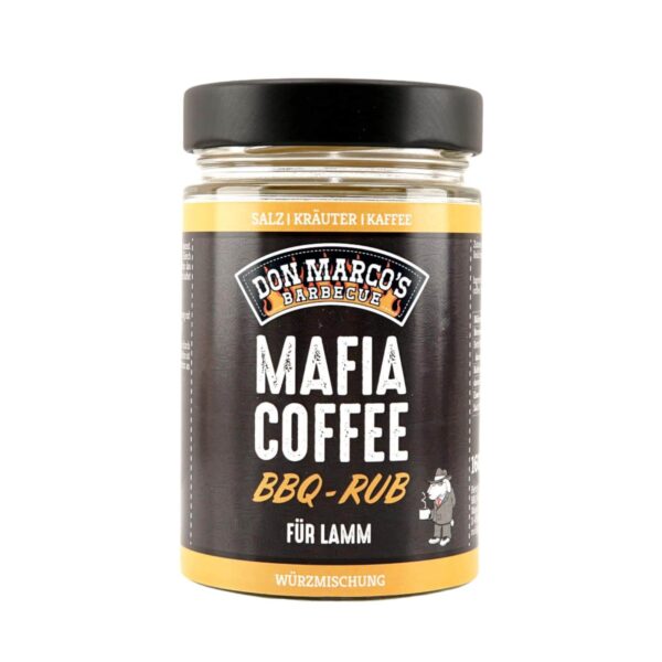 Frasco de mezcla de especias Mafia Coffee BBQ Rub de Don Marco's Barbecue, diseñado para cordero, con ingredientes como hierbas, café y especias, ideal para realzar sabores en carnes.