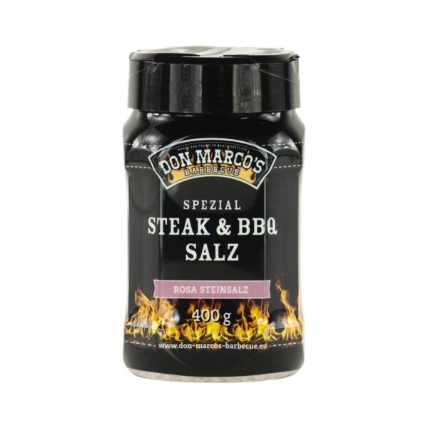 Frasco de Sal de Roca Rosa Don Marco's Barbecue, ideal para sazonar carnes y alimentos a la parrilla, con diseño práctico de tapa y presentación de 400 g.