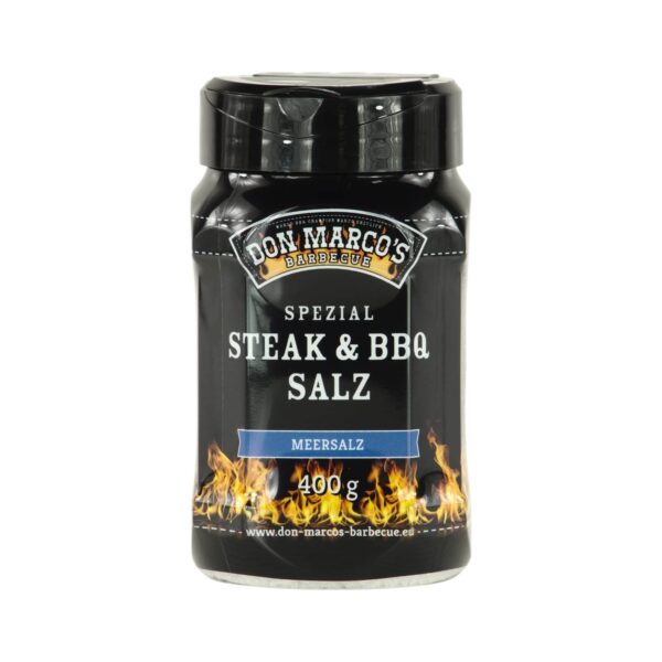 Frasco de sal marina Don Marco Steak & BBQ Salz de 400 g, especialmente diseñada para parrilladas y platos caseros, con un diseño negro elegante decorado con llamas en la base.