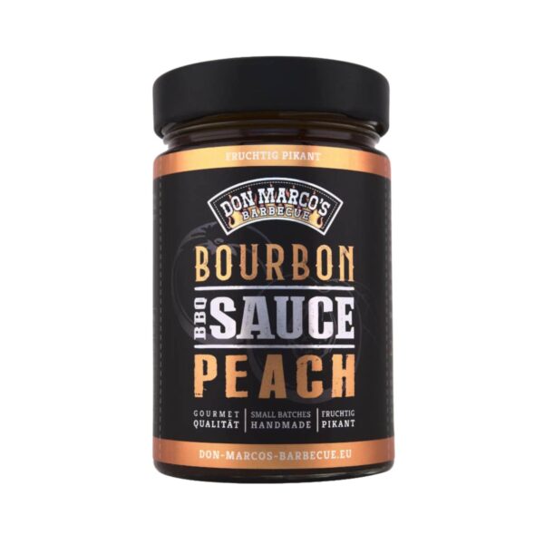 Frasco de salsa barbacoa Bourbon Peach de Don Marco's, con un diseño elegante en negro y dorado, resaltando los ingredientes gourmet como melocotón y Bourbon de Kentucky.