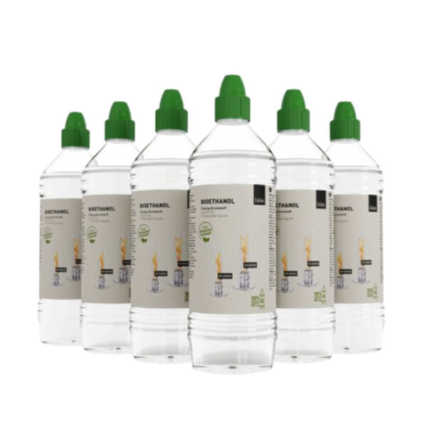 Pack de seis botellas de bioetanol líquido Höfats de 1 litro con tapón verde, diseñado para combustión sin humo ni olores en dispositivos Spin y Bio-Burner.