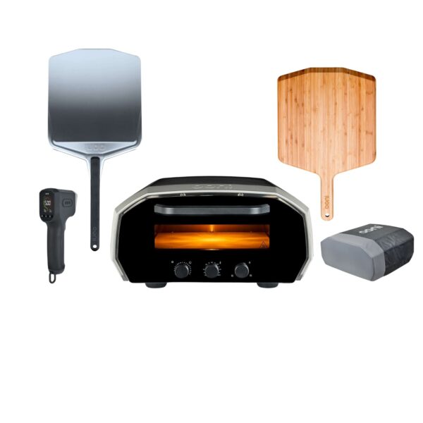 Set de Ooni para Black November con horno de pizza Volt 12, pala de aluminio, pala de bambú, termómetro infrarrojo y funda protectora.