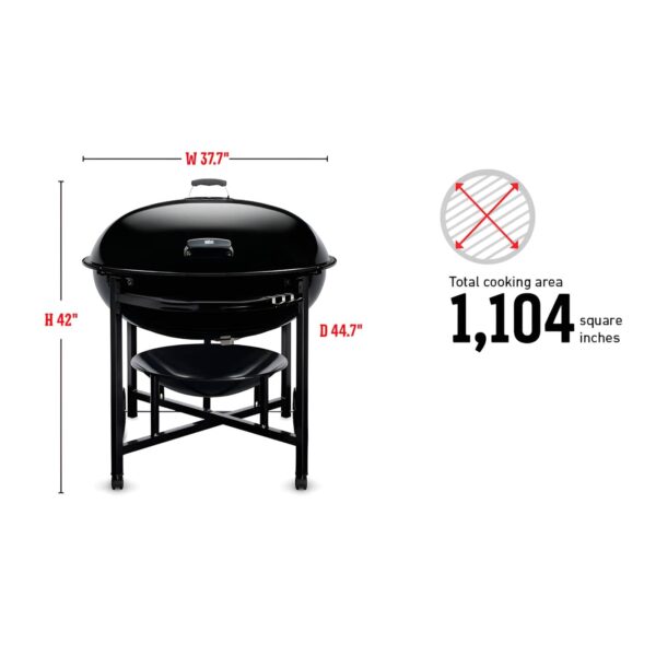 Barbacoa de Carbón Weber Ranch Kettle de 94 cm con dimensiones de 42" de altura, 37.7" de ancho y 44.7" de profundidad, y área de cocción de 1104 pulgadas cuadradas