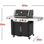 Barbacoa Weber Genesis E-335 con dimensiones de 157 cm de ancho, 123 cm de altura y 69 cm de profundidad.