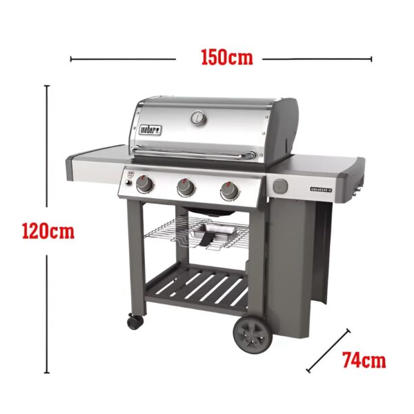 Imagen con las dimensiones de la barbacoa Weber Genesis II E-310 GBS